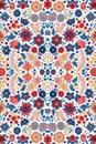 Abstract pattern of blue and red flowers and leaves in white background. Generative ai