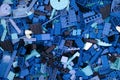 Background of blue Lego blocks, bricks and pieces