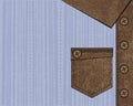 Background of a blue male shirt with a brown leather collar, pocket and buttons Royalty Free Stock Photo