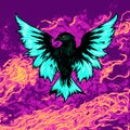 background with a blue phoenix bird flying in violet orange flames, Generative AI