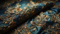 background of blue raw canvas fabric with golden embroidered arabesques folded into sinuous curves