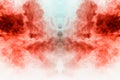 Background of blue and red wavy smoke on a white isolated ground in the shape oh the mystical ghost`s head. Abstract pattern of