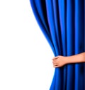 Background with blue velvet curtain and hand Royalty Free Stock Photo