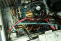 Background blur photo of computer hardware circuit, consisting of cable, motherboard