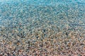 Background of blurred bright colorful sea stones under water. Iridescent sunlight on the stones. Clear water of sea Royalty Free Stock Photo