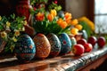 Easter eggs, flowers and fruit lie on an old wooden village table. Royalty Free Stock Photo