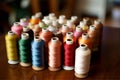 Background from bobbins with multi-colored sewing threads Royalty Free Stock Photo