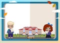 Background of books, girl and boy schoolboys with a bouquet, school, school bus, autumn leaves Royalty Free Stock Photo