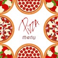 Background border frame with various pizza ingredients