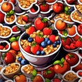 Background with bowls filled with fruits, nuts and strawberries.