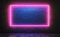 The background of a brick wall features a shining neon light frame in a 3D rendering Royalty Free Stock Photo