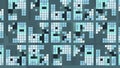 Background with bright pixel pattern changing in squares. Motion. Pixel retro pattern changing in squares. Squares with