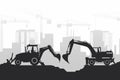 Background of buildings under construction and heavy machinery with silhouettes of backhoe and wheel excavator