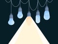 Background with bulbs. Glowing hanging light bulbs garish vector conceptual pictures idea visualisation
