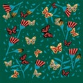 Background with butterflies and flowers. Floral rainforest with insects. Spring and summer poster. Doodle picture with