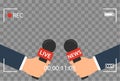 Background with camera frame and record or rec vector isolated. focus TV in live news flat design. hand holding mic