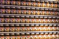 Background with cans of chocolate nutty pasta Nutella attractions of the city Market Sarona . Royalty Free Stock Photo