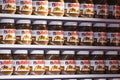 Background with cans of chocolate nutty pasta Nutella attractions of the city Market Sarona . Royalty Free Stock Photo