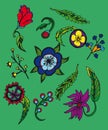 Background with cartoon flowers and leaf