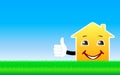 Background with cartoon house showing thumb up