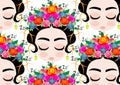 Background cartoon portrait, Emoji baby Mexican woman with crown of colorful flowers, typical Mexican hairstyle