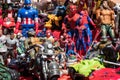 Background of cartoon superheroes action figures toys.