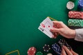 Background for a casino, poker table the player holds a pair of aces. With space