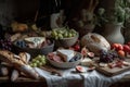 Background with cheese, grapes and pastries, rustic style, created with Generative AI technology.