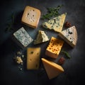 Background cheeses, appetizing tasty pieces and slices of different cheeses on black, flatley,