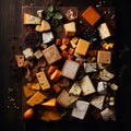 Background cheeses, appetizing tasty pieces and slices of different cheeses on black, flatley, culinary background