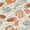 Background with chick, fish, salami and sausage Royalty Free Stock Photo