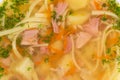 Background of chicken noodles soup in bowl, top view Royalty Free Stock Photo