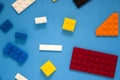 Background for children`s site, for the menu. Children`s constructors on blue. Multi-colored cubes. Games for motor developing m Royalty Free Stock Photo