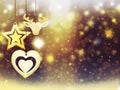 Background christmas gold yellow heart deer ball snow stars decorations blur illustration new year Royalty Free Stock Photo