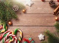 Background with Christmas decorations on a wooden brown table