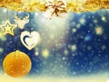 Background christmas gold blue yellow heart deer ball snow stars decorations blur illustration new year Royalty Free Stock Photo