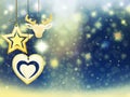 Background christmas gold blue yellow heart deer snow stars decorations blur illustration new year Royalty Free Stock Photo