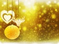 Background christmas gold yellow heart ball deer snow stars decorations blur illustration new year Royalty Free Stock Photo