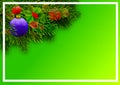 Background for christmas postcard, with bouquet of pine branches, holly branch with berries and bright and colorful balls. Royalty Free Stock Photo