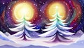 Background of a Christmas season. Fir and spruce trees, greenery, and a blue watercolor wash Royalty Free Stock Photo