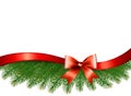 Background with christmas tree branches and a red ribbon.