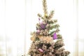 Background from a Christmas tree decorated in blue and purple close-up. Greeting card from a Christmas tree with purple decoration Royalty Free Stock Photo