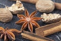 Background of cinnamon sticks, star anise and nutmeg Royalty Free Stock Photo