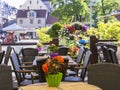 Background cityscape beautiful outdoor cafe in Riga