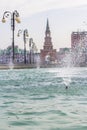 Background cityscape of Spassky tower and fountain in Yoshkar-Ola