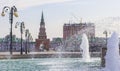 Background cityscape view of Spassky tower and fountain in Yoshkar-Ola