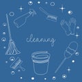 Background of cleaning equipment. Vector illustration isolated on a blue background. Cleaning tools in one line