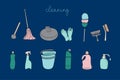 Background of cleaning equipment. Vector illustration isolated on a blue background. Cleaning tools in one line