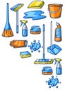 Background with cleaning items. Housekeeping illustration for service and advertising. Royalty Free Stock Photo