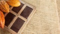 Close-up of handmade chocolate blocks inside rustic wooden frames with ripe cocoa fruits Royalty Free Stock Photo